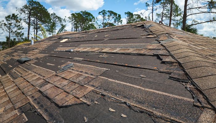 A roof with visible storm damage and missing shingles under a cloudy sky.