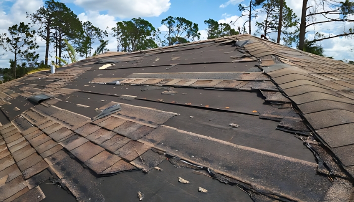 A roof displaying damaged shingles and structural issues, highlighting the need for replacement due to granule loss in Connecticut.