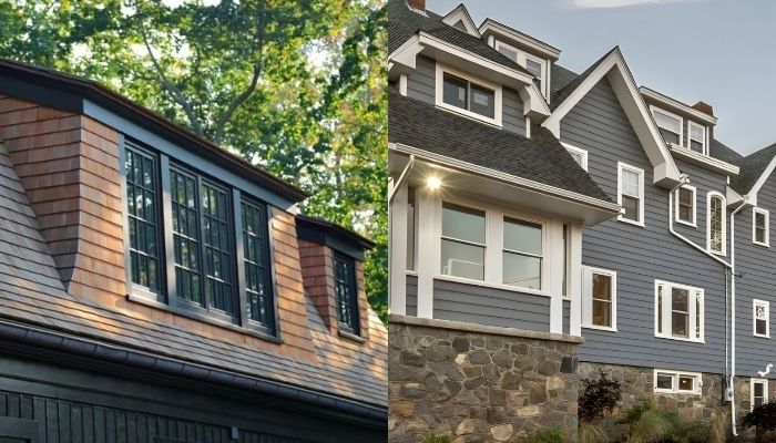 Side-by-side of a roof dormer with cedar shingles and a gray house with horizontal lap siding.