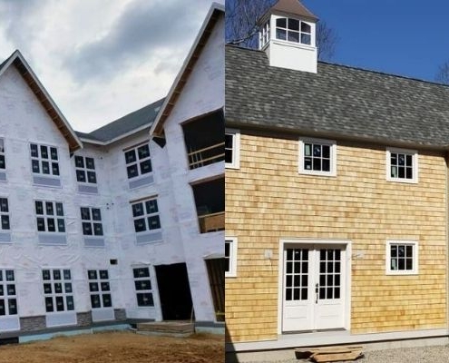 Side-by-side comparison of a building under construction and a house with cedar shake siding.